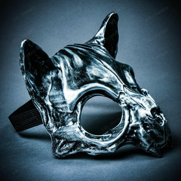Silver Vampire Skull Cat Halloween Masquerade Robot Cat Costume Party Face Mask - Picture 6 of 7